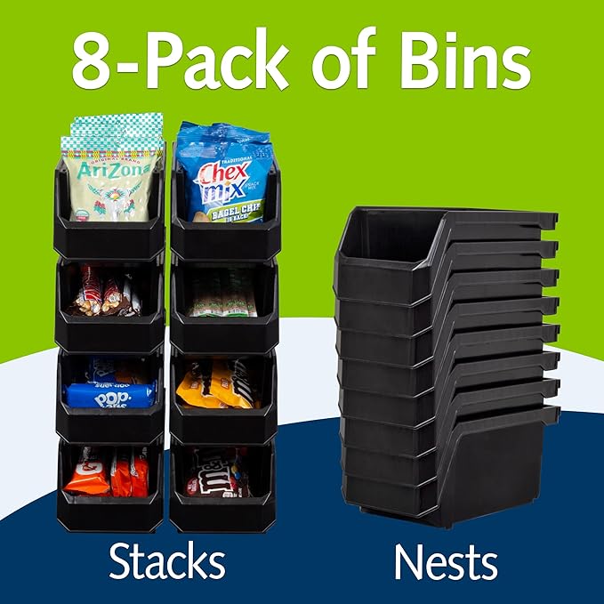 Medium Stackable Plastic Storage Bins, 8-Pack, Black | Open-Front Stackable Bins For Garage, Pantry, Closet & Office, 11"L X 5,5"W X 5"H, Nests When Empty, Durable Plastic,