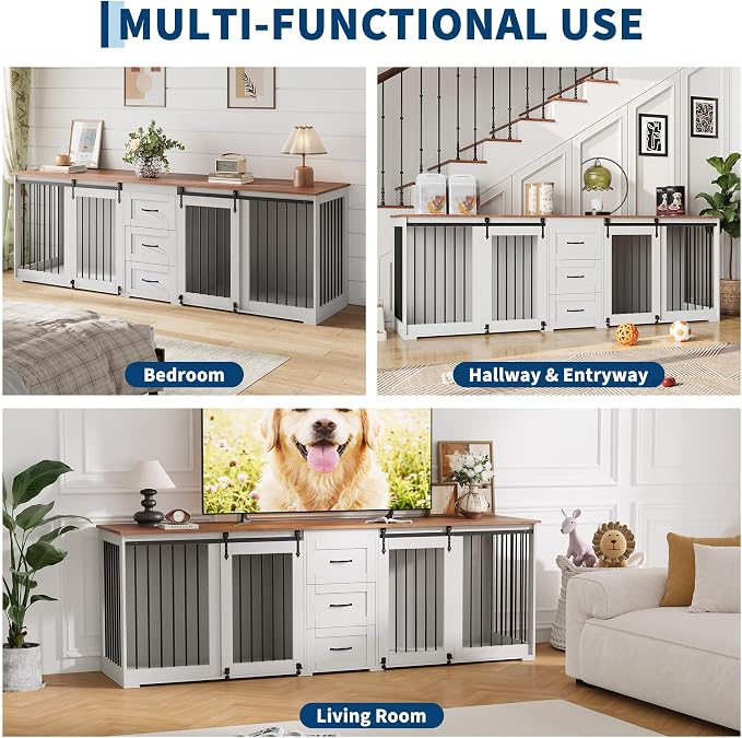 95" Large Dog Crate Furniture for 2 Dogs, Farmhouse Wooden Dog Kennel with 3 Storage Drawers, Heavy Duty Furniture Style TV Stand with Sliding Barn Doors