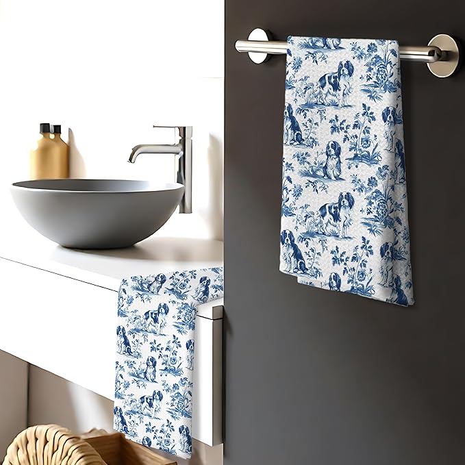 Chinoiserie Cavalier King Charles Spaniel Kitchen Towels Set of 4,Blue and White Floral Cavalier Spaniel Decorative Dish Tea Towels,Grandmillennial Dog Hand Towels for Kitchen Bathroom,16x24Inch
