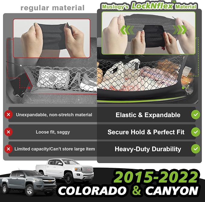 Muslogy Cargo Net for 2015-2022 Chevy Colorado & GMC Canyon Accessories | Custom Fit, Truck Bed Storage Organizer Net for Pickup Truck Bed Divider, Heavy Duty Carabiners, Night Visible Grab Handle