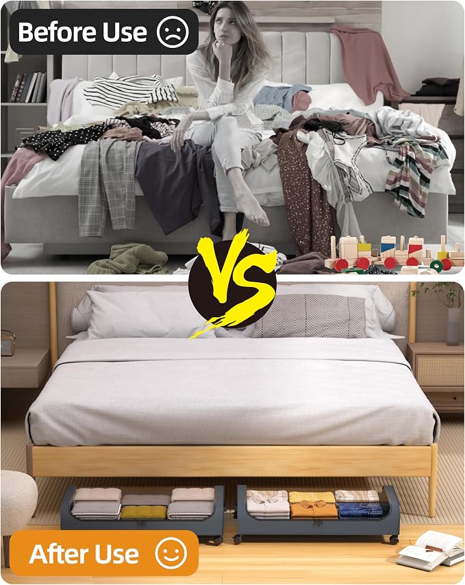 Under Bed Storage with Wheels, 4 Pack Curved Under Bed Storage Containers, 60L Under The Bed Storage Bins, Rolling Under The Bed Storage Metal Drawer for Clothes, Blankets, Shoes-Gray