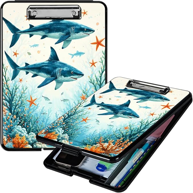 Heavy Duty Storage Clipboard, Slim Nursing Clipboard with Internal Pen Case, Portable File Organizer Case for A4 Letter Size Paper Office Medical Professionals, Tuna Under the Sea