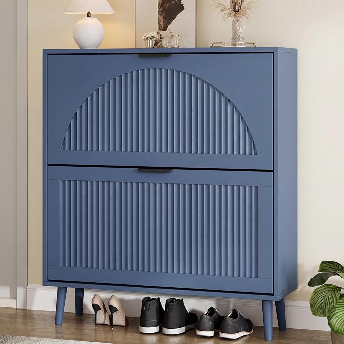 Shoe Storage Cabinet with 2 Flip Drawers, Narrow Wood Shoe Organizer Cabinet with Fluted Panel, Slim Shoe Rack for Entryway, Freestanding Shoe Cabinet for Living Room, Hallway, Blue