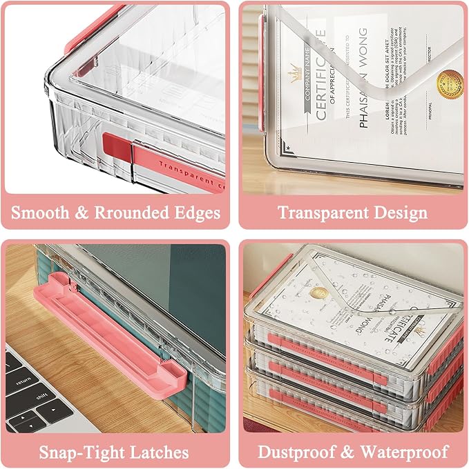 SAYEEC Clear File Storage Box Portable Project Case with Handle Plastic Storage Container with Lid Stackable Flat Storage Bin Document Magazine Protector Organizer for A4 Paper Photo Craft Scrapbook