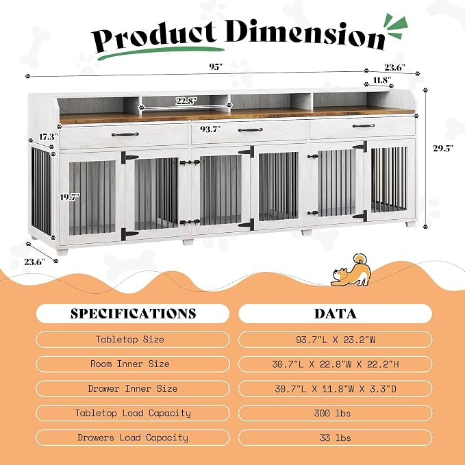 LUXOAK 95" Large Dog Crate Furniture with Storage 3-Room Indoor Dog Kennel | Dog Cage for Large/Medium Dogs, TV Stand & Sideboard with Drawers & Removable Divider, White+Barnwood