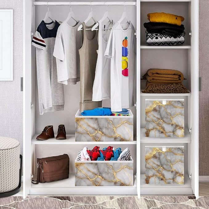 Gold Marble Pattern Cube Storage Bins Collapsible Fabric Storage Baskets Large Clothes Organizer Box for Bedroom Living Room Study Room 11×11×11 In