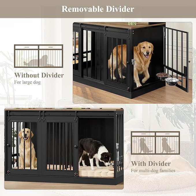 HOSTACK 71" Tall Dog Crate Furniture, Indoor Dog Kennel with Storage, Black | Removable Room Divider, 4 feeding bowls, Adjustable Shelves, Metal Lock & Spring Latch, Farmhouse Pet House for XL/XXL Dogs