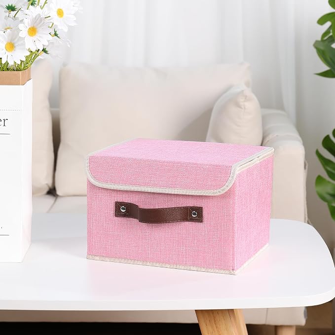 ANMINY Fabric Storage Box Bins with Lids, Pink, 10"x8"x7" | Keepsake Memory Storage, Cotton Linen, PP Board Reinforced, Washable, PU Handles, Foldable & Stackable, Decorative, Small
