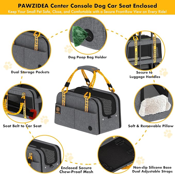 PAWZIDEA Center Console Dog Car Seat, Secure Straps & Anti Slip, Up to 12lb | Enclosed Small Dog Armrest Booster Car Seats, Anti-Collapse Portable Pet Carrier Soft-Sided, Removable Pillow &Storage Pocket