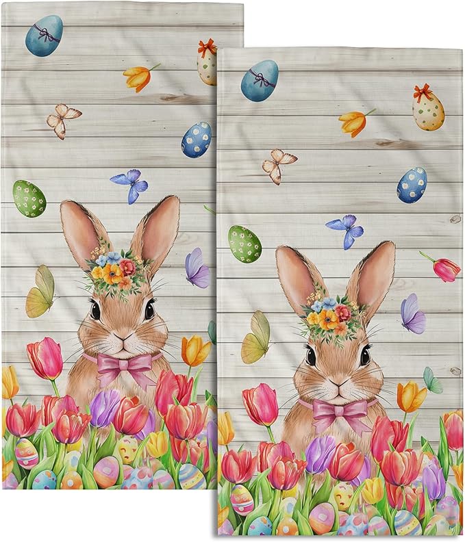 Giwawa Easter Bunny Hand Towels Tulip Floral Eggs Face Tea Towels Set of 2 Absorbent Microfiber Soft Dish Washing Cloth for Kitchen Bathroom Decor