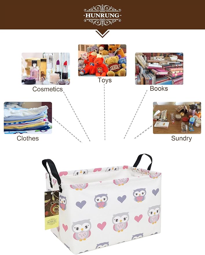 Rectangle Foldable Storage Basket Handles For Home, Love Owl | Waterproof reinforced handles, perfect for shelf use, organizes clothes, daily items and pet supplies