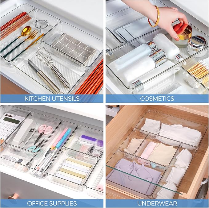Ravinte 6 Pack Drawer Organizer, 3" x 6" Plastic Storage Bins | Acrylic Tray Design, Non-Slip Pads, For Makeup, Jewelry, Kitchen Utensils, Bathroom, Office Storage