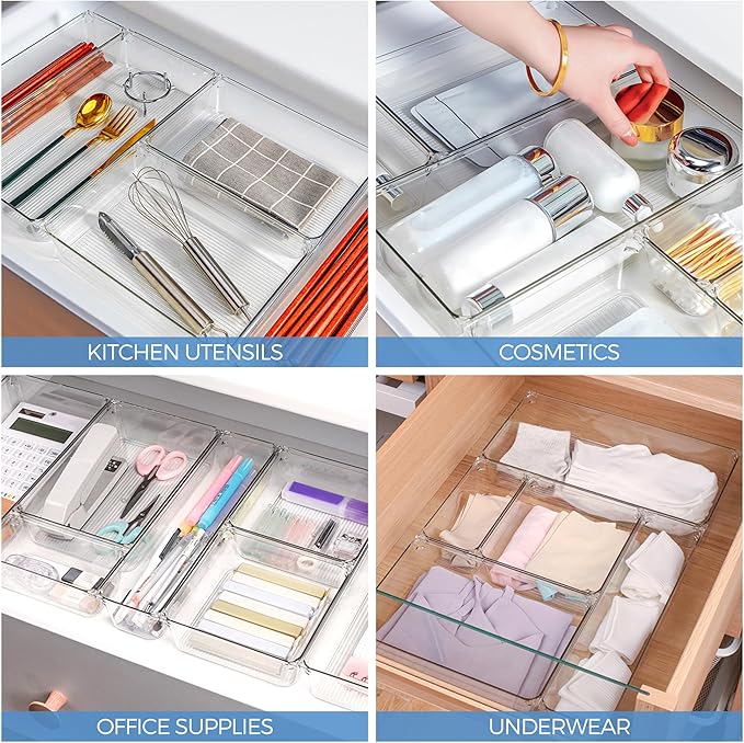 Ravinte 6 Pack Drawer Organizer, 3" x 9" Plastic Storage Bins | Acrylic Tray Design, Non-Slip Pads, For Makeup, Jewelry, Kitchen Utensils, Bathroom, Office Storage