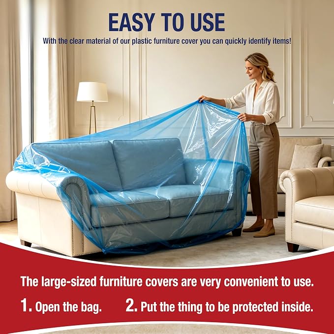 Extra Large Couch Loveseat Moving Cover for Storage Transportation | Sofa Couch Clear Plastic Moving Cover with Labels, Waterproof and Dust Proof, Bag Open Size 68x 62 x 42 Inch, Blue