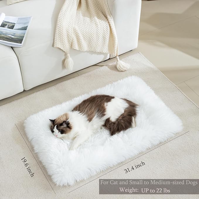 Fluffy Cat Bed Mat 19.6"x31.4" Furry Small Dog Cats Cushions for Indoor | White Faux Fur Fuzzy Puppy Pads for Pet Sleep