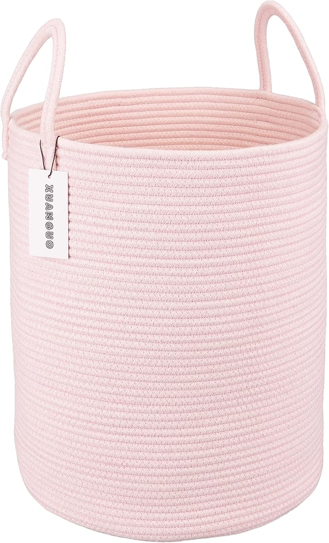 XUANGUO Cotton Rope Laundry Basket Hamper for Girls Kids Baby Nursery Pink | Large Nursery Hamper Bin and Woven Storage Basket for Living Room Girls Room Boho Tall Rope Baskets for Blankets Toys