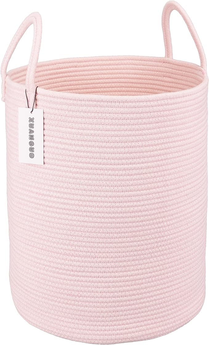 XUANGUO Cotton Rope Laundry Basket Hamper for Girls Kids Baby Nursery Hamper Bin Woven Storage Basket for Living Room Girls room Boho Tall Rope Baskets for Blanket Toys Large light pink (Pack of 10)
