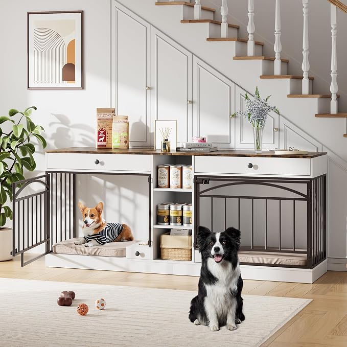 IDEALHOUSE 78.7" Double Dog Crate Furniture with Storage and 2 Doors, White | Dog Kennel Indoor with Feeding Bowls, Wood Dog Crate TV Stand for Small Medium Dogs
