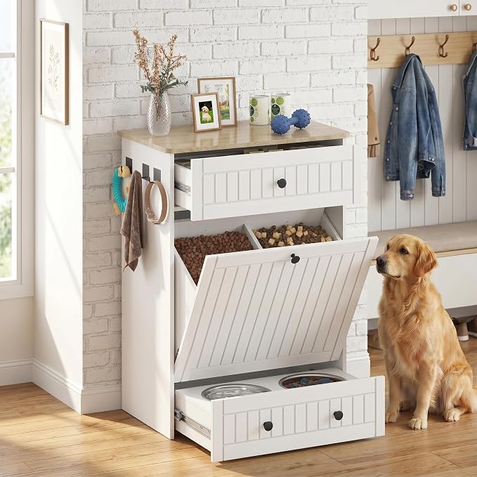 Dog Feeding Station Cabinet Elevated Bowls (White, Classic Panel) | Slow Feeder Insert, Large food bin, Removable Divider, 3 Side Hooks, Pull-Out Drawer, Easy to Clean for Small & Middle Dogs