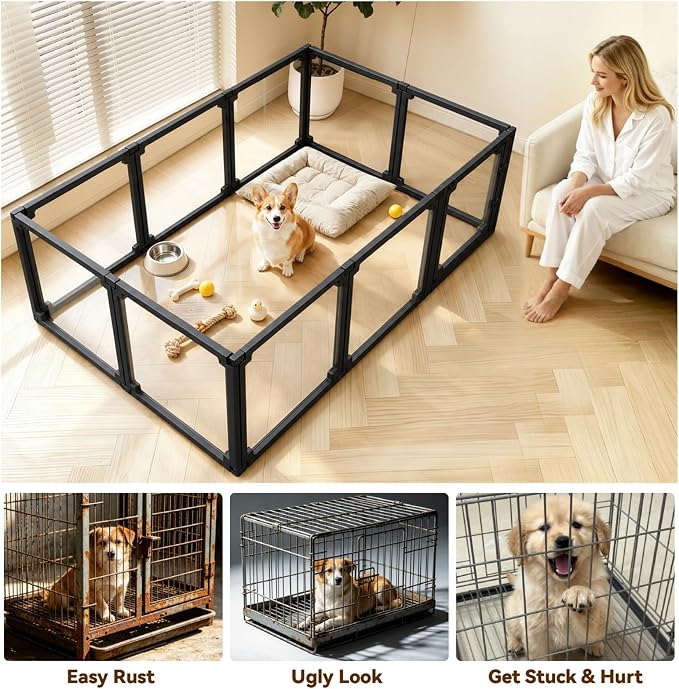 FlexiSpace Adjustable Clear Dog Play Pen, Expandable & Stackable Acrylic Dog Playpen, ONLY Dog Play Pen Indoors Grow with Your Pet Puppy Playpen (Black, 24", 10 Panels)