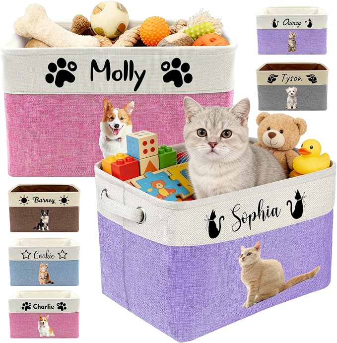 Personalized Dog Cat Toy Storage Basket with Handles Custom Pet Name & Photo Collapsible Organizer Bin Customized Storage Box for Pet Supplies
