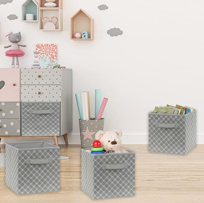 Simple Houseware 11-Inch Foldable Cube Storage Bins, Geometric Gray, 6-Pack | Lightweight & Durable Structure Fabric Cubes Organizer for Closet or Shelves