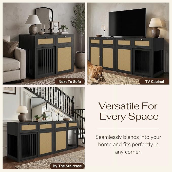PureCozy 2-Piece Dog Crate Furniture, Right, 80 Inch, Black Oak | Right-unit kennel with metal sliding door plus cane storage cabinet and 4 total drawers; furniture-style indoor console.