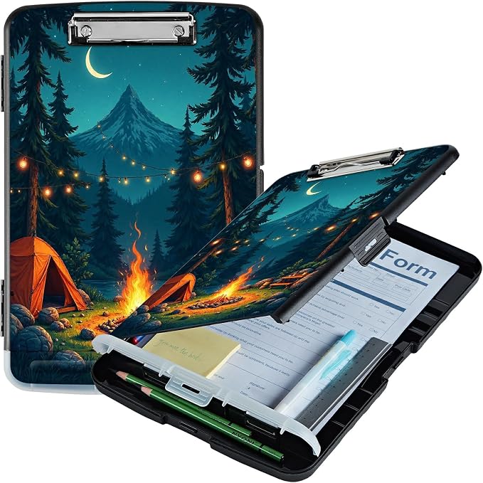 A4 Clipboard with Storage Pen Holder, Clipboards Organizer Nursing Clipboard Foldable File Folder Plastic Clipboard Folio Clip Board for Office Work Classroom Doctor, Dark Mountain Flame