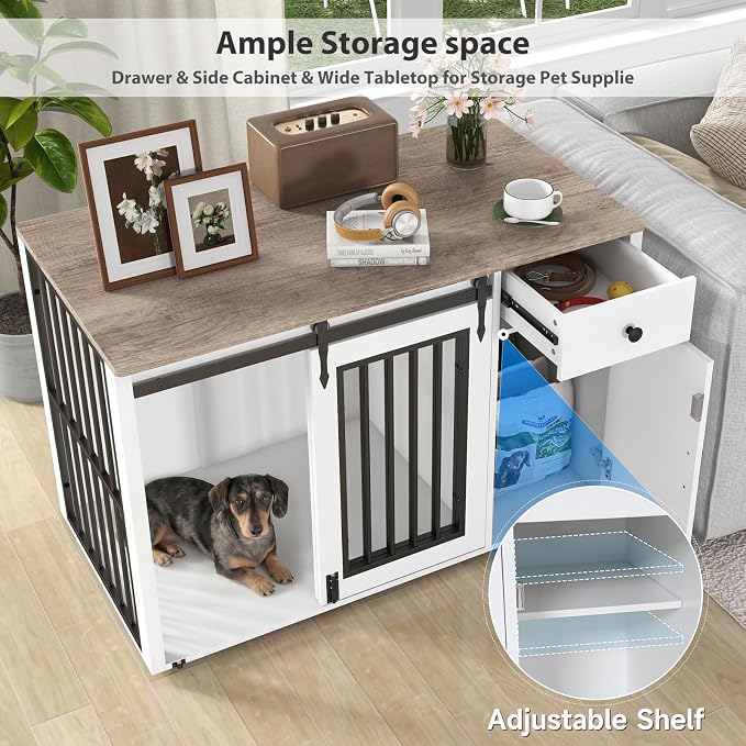 Verano Garden 44" Dog Crate Furniture, Dog Kennel (44" Right Facing Door) | 2-in-1, Lockable, Sliding Door, Removable Divider, Adjustable Shelf, Farmhouse, Heavy Duty, Small Medium Dogs, White