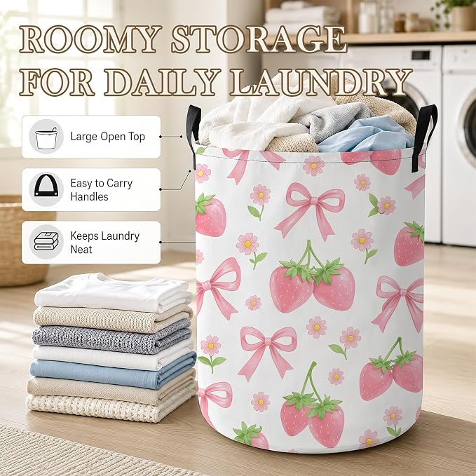 Laundry Hamper, Pink Strawberry Collapsible Bow Floral Laundry Baskets Waterproof Oxford Cloth With Handles, Clothes Storage Bucket For Bathroom/Bedroom 16" x 20.8"