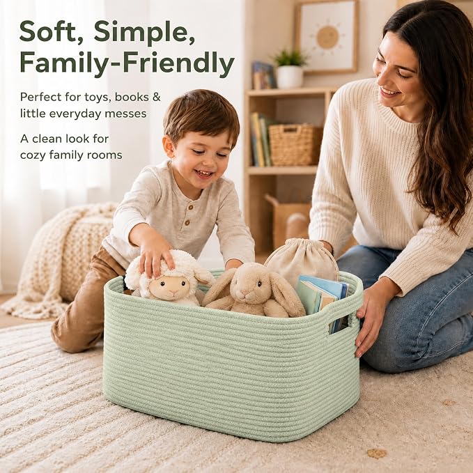 12.8GAL Small Cute laundry basket for nursery, Boho Square storage basket for Living Room Decor, Kids Girls Boys Toys Stuffed Animal Decorative Short Hamper for Dirty Clothes, Bath Towel Sage Green