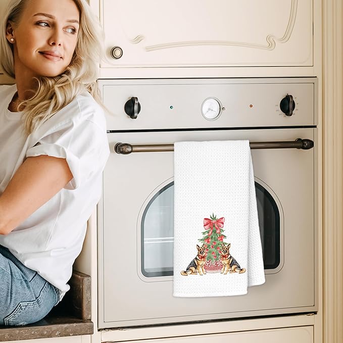 Red Chinoiserie Christmas German Shepherd Kitchen Towels, German Shepherd Gifts Dish Tea Towels for Kitchen Decor, Grandmillennial Bow Xmas Tree Dog Hand Towel for Bathroom Decor, 16x24 Inch