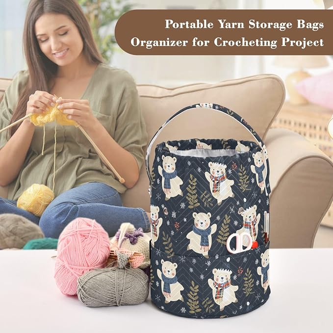 Fustylead Xmas Happy Bears Over Blue Plaid Checked Yarn Storage Bag and Knitting Crochet Tote, Large Yarn Drawstring Basket for Crocheting Kit, Project, Sewing Supplies, Needles