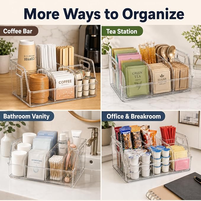 Coffee Station Organizer for Countertop, PET with Removable Dividers | Clear Plastic, Kitchen and Break Room Use, Coffee Caddy, Coffee Bar Accessories, Side Handles, Six Compartments, Easy View