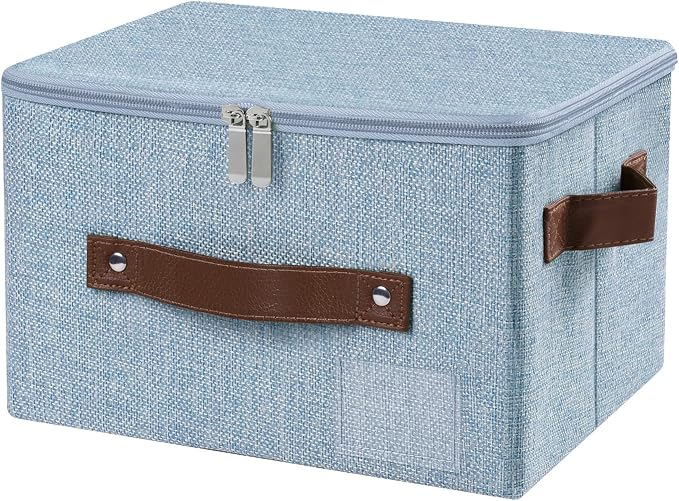 ANMINY Small Storage Box Fabric Bins with Zipper Lid, 10"x8"x7" Blue | Keepsake Box, Decorative, Cotton Linen, Reinforced PP Board Frame, Washable, Stackable & Foldable, Label Holder & PU Handles