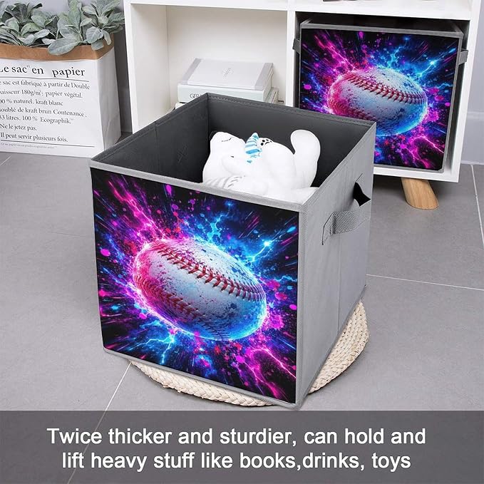 Galactic Baseball Energy Burst Storage Bin with Handles, Oxford Fabric Foldable Storage Cube Organizer for Clothes, Towels, Bedroom, Living Room, Home Organization