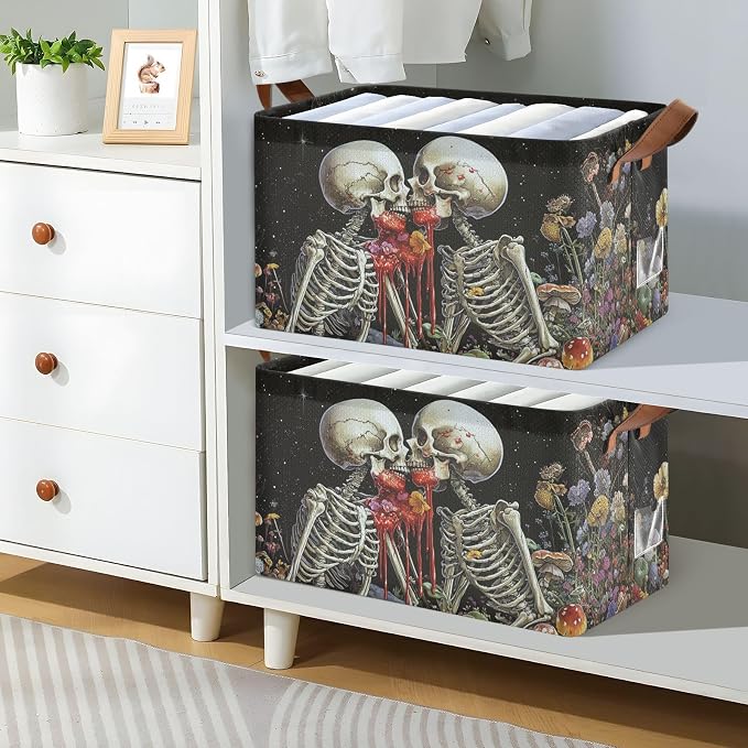 Black Skeleton Gothic Storage Bins for Shelves with Labels&Handles Halloween Organizer Bin Foldable Rectangle Storage Basket Black Goth Skull Boxes for Closet, Bathroom, Home, Room, Laundry, 2 PC