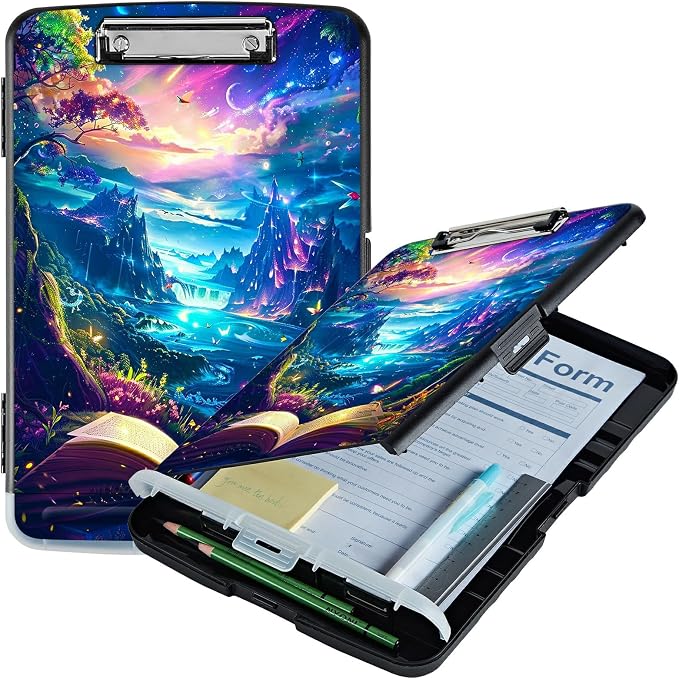 Book Mountains A4 Clipboard with Storage Pen Holder, Clipboards Organizer Nursing Clipboard Foldable File Folder Plastic Clipboard Folio Clip Board for Office Students Classroom Doctor