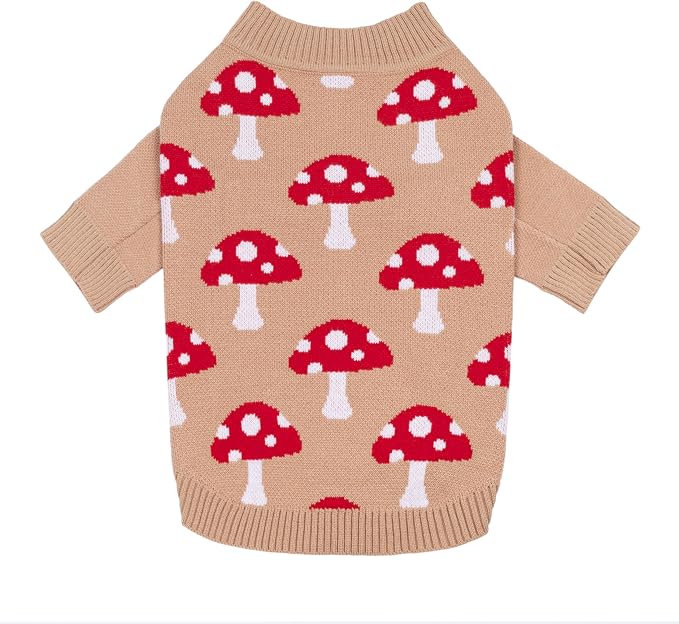 Fitwarm Mushroom Dog Knitted Sweater, Cozy Winter Clothes for Small Dogs Boy Girl, Soft Pet Outfit, Beige, Red, White, Medium