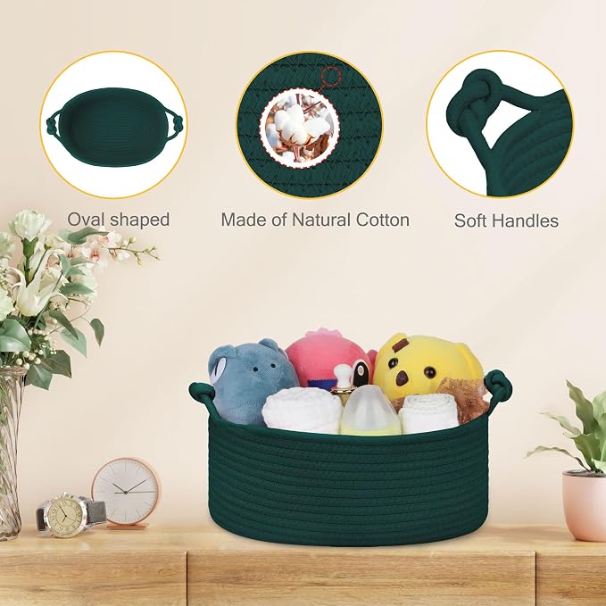Small Empty Gift Basket with Bag & Ribbons, Dark Green | 12“x8”x5”, Cotton Rope Woven Basket for Birthdays, Baby Showers, Mother's Day, Christmas; Stores Small Items, Kids & Pet Toys