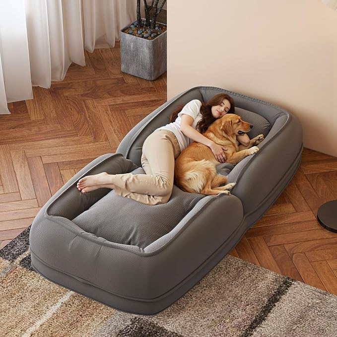 Upholstered Human Dog Bed for Adults and Pets, Foldable Lazy Sofa Bed with 5 Adjustable Position, Includes 2 Soft Pillows for Bedroom, Living Room, Reading Corner