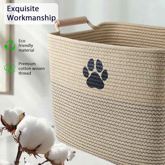 Woven Dog Toy Basket, Dog Toy Bin for Living Room Area, Dog Basket | 100% Cotton Rope Basket With Wood Handle, Dog Stuff Storage Organizer, Pet Toy Basket For Toy,Blanket,Clothes-L13.7''×W10.2'