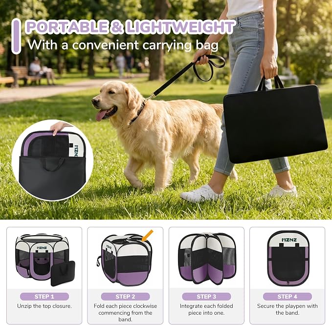 Dog Cat Small Animal Puppy Playpen Crate, Large, Purple | Portable Pop Up Pet Cage Enclosure Tent Kennel Indoor Outdoor with Carrying Case, No Assembly, Camping Use