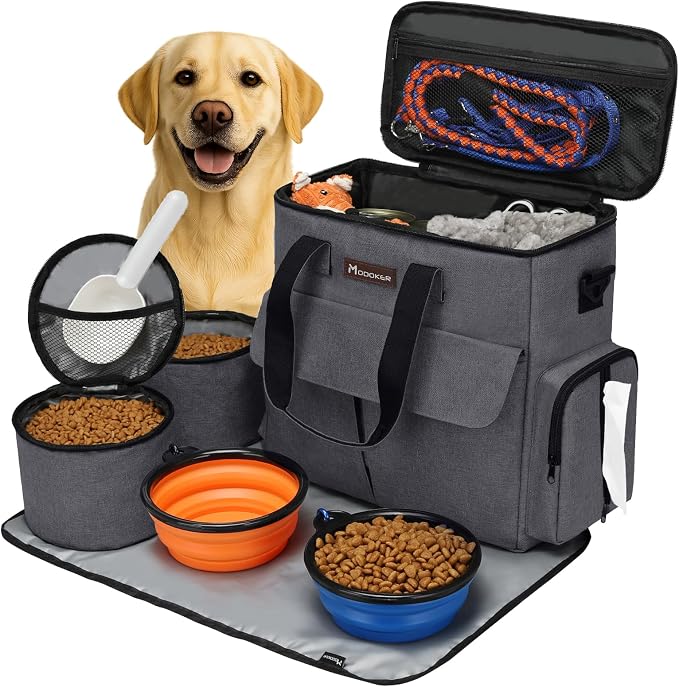 Modoker Weekend Dog Travel Bag with 2 Food Bags, 2 Bowls and Mat, Dark Gray | Dog Travel Accessories Organizer for Camping and Road Trips with Roomy Storage, Multiple Pockets and Water-Resistant Oxford
