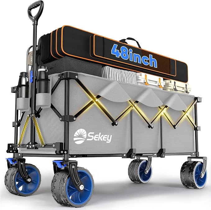Sekey Extended Collapsible Foldable Wagon with 660lbs Weight Capacity, Heavy Duty Folding Utility Garden Cart with Big All-Terrain Beach Wheels & Drink Holders. Light Gray