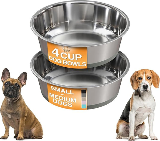 Neater Pet Brands Stainless Steel Dog Bowls with Non-Slip Rubber Bottom – Set of 2, 4 Cup (32 oz), Gray - Heavy Duty Metal Dog Bowl, Dishwasher Safe, Food or Water Bowl, Ideal for Medium Dogs