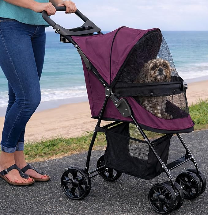 Pet Gear No-Zip Happy Trails Lite Pet Stroller, Dark Raspberry | Zipperless Entry, Easy Fold with Removable Liner, Safety Tether, Storage Basket + Cup Holder, For Cats/Dogs