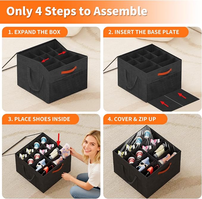 Aokeyee 2 Pack Shoe Organizer for Closet, Stackable Shoe Storage Box, Black | Fits up to 32 Pairs, Space Saving, Foldable, Shoes Organizer Bin with Clear Cover, 4 Reinforced Handles