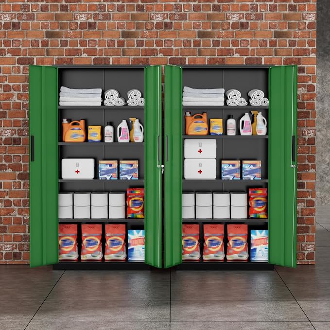 Greenvelly Metal Storage Cabinet, 72" Locking Metal Garage Storage Cabinet with Doors and 4 Adjustable Shelves, Lockable Steel Cabinet for Home Office, Garage, Shop, School (Green 32" W x 16" D)