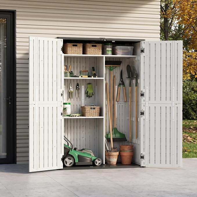 65 Cu.Ft Resin Outdoor Storage Shed with 5 Shelves & Floor, Weatherproof Plastic Vertical Outdoor Storage Cabinet for Garden Backyard Patio Pool Tool